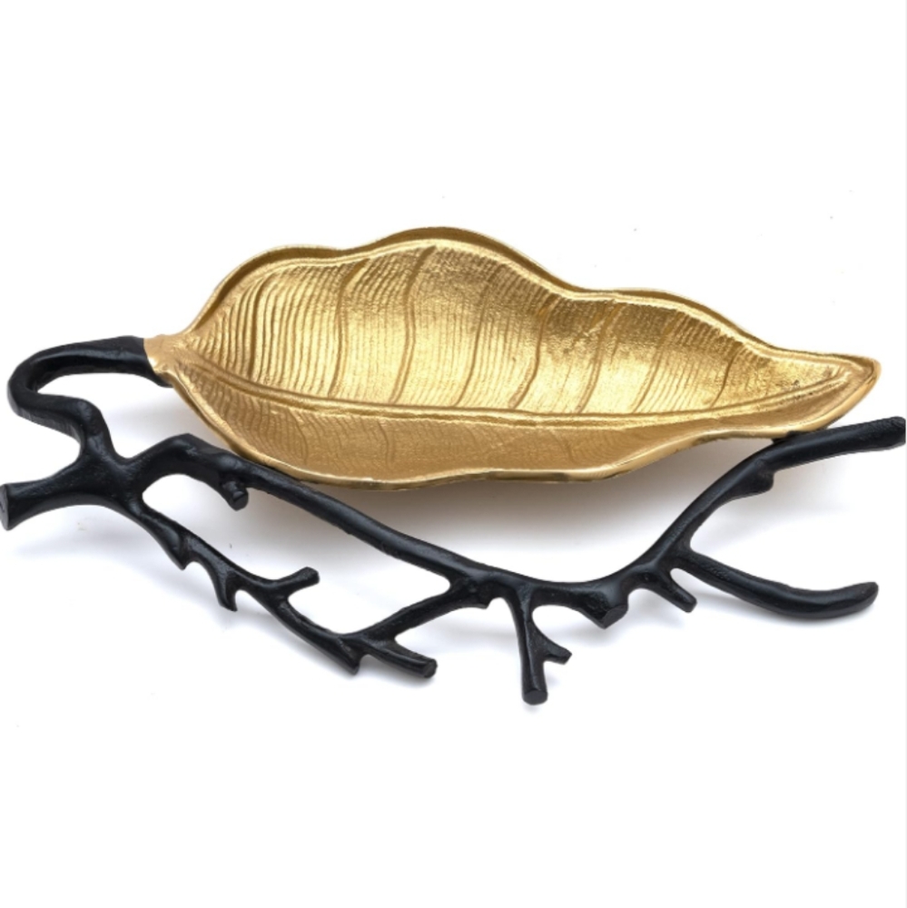 Gute Decorative Gold Leaf Black Branches Tray for Candy Fruits Dish Server Plate